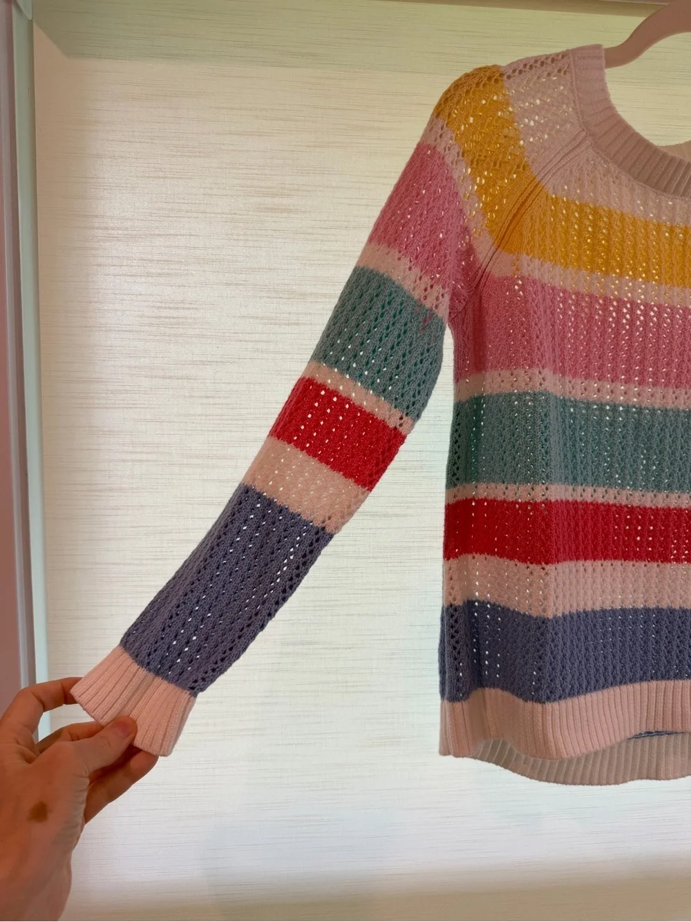 Talbots Open-Knit Crewneck Sweater in Pink, Blue, Yellow, Red, Size small petite